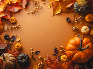 Autumn-themed frame with pumpkins, maple leaves, berries, and warm orange background. Perfect for seasonal, festive, or Thanksgiving design use.