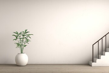 Minimalist interior with staircase and potted plant against a blank wall.