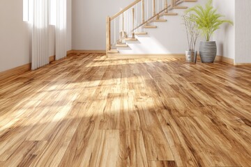 Warm wooden floor bathed in sunlight leads to stairs.