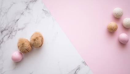 Decorated eggs and fuzzy balls arranged on a split surface.