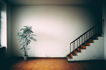 Minimalist interior with a plant and staircase against a white wall.
