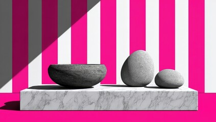 Smooth stones and bowl rest on a marble pedestal against pink and white stripes.