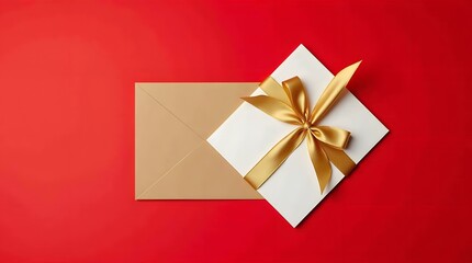 Theme Christmas with this elegant gift card featuring a golden ribbon against a vibrant red backdrop