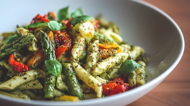 Prepared tubular pasta dish features green vegetables and rich seasoning in a white bowl - Powered by Adobe