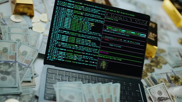 Hacker programming code on a laptop computer to steal money online, with dollar bills and gold bars surrounding the device representing the illegal profit from a successful cyberattack