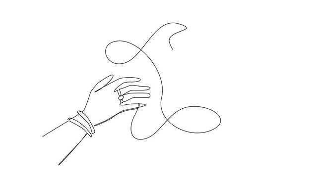 Self drawing animation of single one line drawing 2 hands facing each other, with their little fingers connected by a rope. Bonds of friendship are getting closer. Pen Pal Day. Full length animated