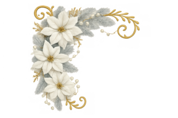 White poinsettias and frosted pine branches forming a festive christmas corner border with gold accents and pearls