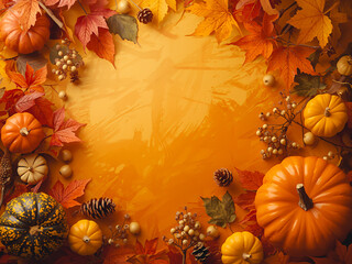 Autumn-themed frame with pumpkins, maple leaves, berries, and warm orange background. Perfect for seasonal, festive, or Thanksgiving design use.