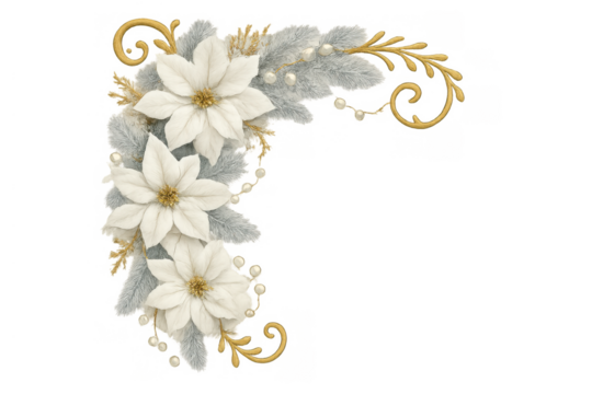 White poinsettias and frosted pine branches forming a festive christmas corner border with gold accents and pearls - Powered by Adobe