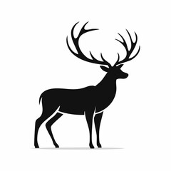 Stylized black vector silhouette of a deer with large antlers, simple clean shapes, white background, editable vector for elegant logo design
