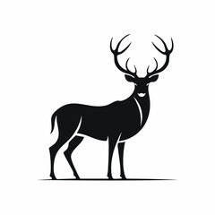 Stylized black vector silhouette of a deer with large antlers, simple clean shapes, white background, editable vector for elegant logo design