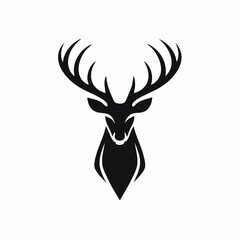Stylized black vector silhouette of a deer with large antlers, simple clean shapes, white background, editable vector for elegant logo design