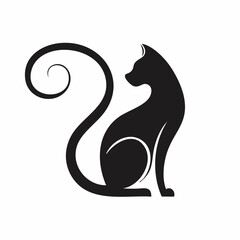 Stylized black vector silhouette of a cat in profile with elegant curved lines, smooth design, clean white background, editable for minimalist logo