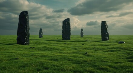 Standing Stones in Verdant Field under Dramatic Sky, Ancient Mystery
