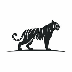 Stylized black vector silhouette of a tiger with bold smooth contours, clean white background, minimalist animal logo concept, editable vector