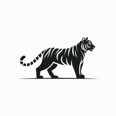 Stylized black vector silhouette of a tiger with bold smooth contours, clean white background, minimalist animal logo concept, editable vector