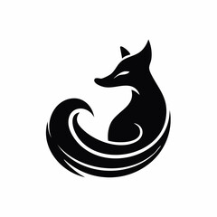 Stylized black vector silhouette of a fox with a curled tail, smooth lines and simple shape, white background, editable vector for logo design