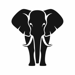 Stylized black vector silhouette of an elephant with curved tusks and smooth contours, clean white background, editable for minimalist branding