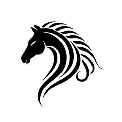 Stylized black vector silhouette of a horse with flowing mane lines, clean curves, white background, editable vector for modern minimalist logo
