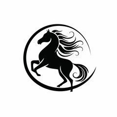 Stylized black vector silhouette of a horse with flowing mane lines, clean curves, white background, editable vector for modern minimalist logo