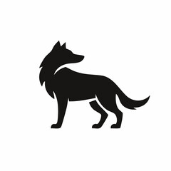 Stylized black vector silhouette of a fox with a curled tail, smooth lines and simple shape, white background, editable vector for logo design