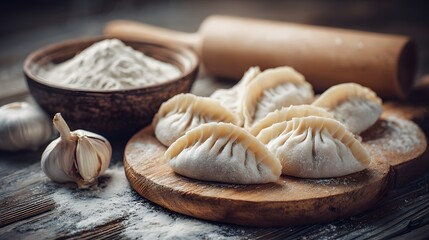 Uncooked pleated dumplings are arranged on a wooden board alongside flour and garlic cloves ready for preparation