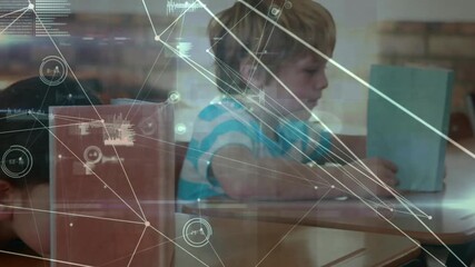 Camera revealing educational data overlay animating students flipping textbook and touching globe - Powered by Adobe