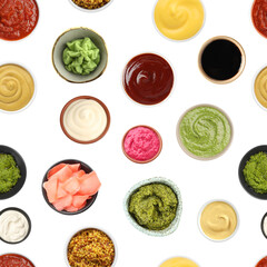 Wasabi and other condiments on white background, set. Top view