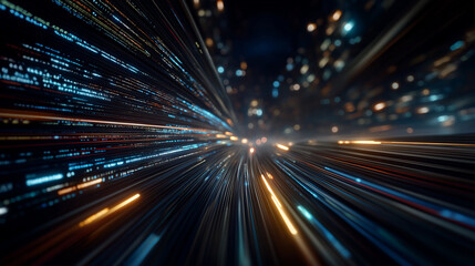 Data Highway: An abstract depiction of data streams, capturing the fast-paced essence of modern technology, with streaks of light, lines and blurred focus emphasizing speed and interconnectedness.