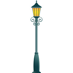 A Tall Dark Green Street Lamp With Ornate Details Illuminates The Night With A Warm Yellow Glow Against A Transparent Background