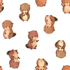 watercolor beaver seamless pattern illustration for kids