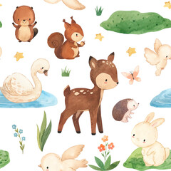 watercolor deer, swan, beaver, squirrel, bird, hedgehog, bunny seamless pattern illustration for kids