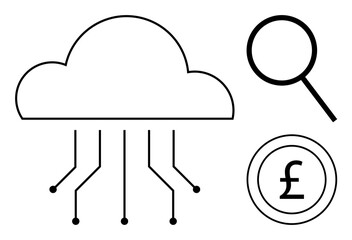 Cloud with data lines, magnifying glass, and pound currency coin. Ideal for cloud computing, data analysis, fintech, search engine, digital economy, technology growth simple flat metaphor