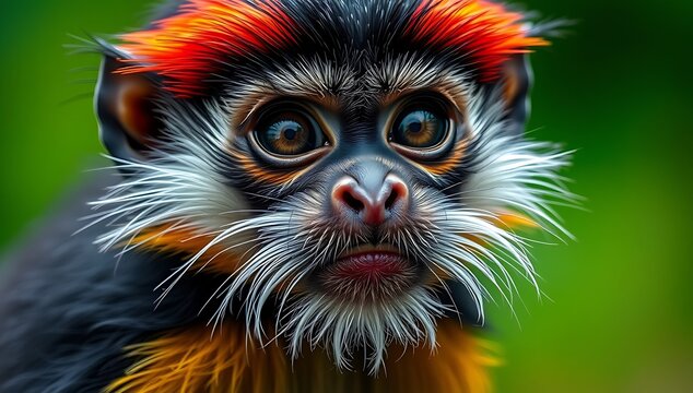 Detailed portrait of a red titi monkey with striking black and orange fur and intense gaze, looking forward