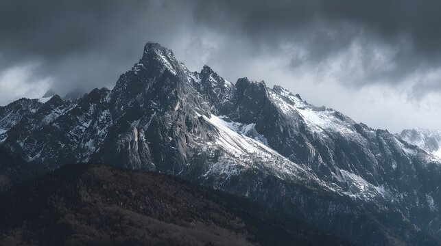 Jagged mountain peaks rise dramatically beneath heavy, brooding clouds