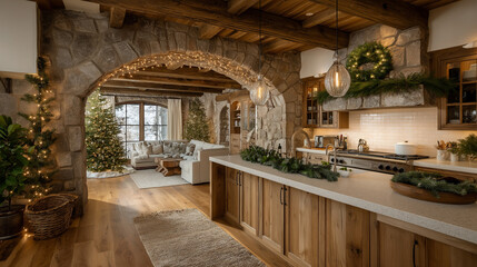 Cozy Christmas Kitchen: Capturing the warmth of the holiday season, the kitchen features natural wood elements, and a stone archway, creating an inviting space for gatherings and celebrations.