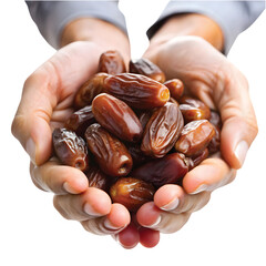 Handful of Dates in Palm: Human hand gently holding a handful of date fruits, natural soft lighting, PNG style.