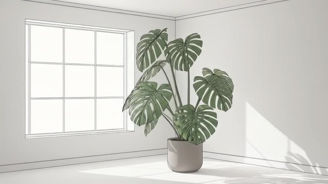 Plant & window in simple white interior, cartoon style, with sunshine