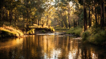 Serene woodland stream flows through sunlit tall timber during golden hour