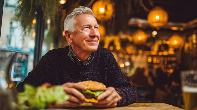 Mature gentleman happily holds a prepared sandwich while seated indoors at a warmly lit establishment