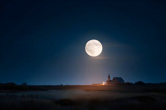 Supermoon Illuminating Abandoned Castle in Countryside Creating Magical Lunar Light and Historic Architecture Nighttime Photography Scene