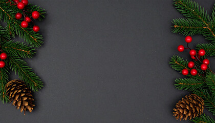 黒背景に映える松ぼっくりとモミの枝と赤い実のクリスマス装飾