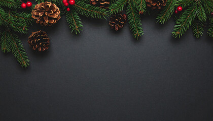 黒背景に映える松ぼっくりとモミの枝と赤い実の装飾