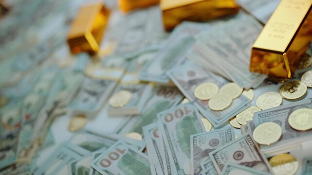 Shiny gold bars and valuable bitcoin coins falling onto a large pile of one-hundred-dollar bills, representing a mix of traditional wealth, modern investment, and financial abundance