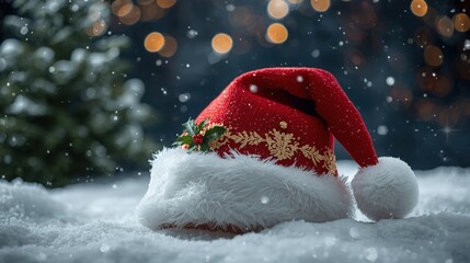 Santa hat in snow under christmas lights. Festive holiday background ideal for seasonal designs, cards, invitations, and social media posts.