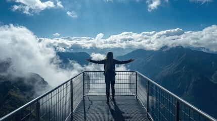 Person on mountain summit with clouds, mountain peaks. Suitable for travel, adventure, inspiration, hiking, outdoors, naturethemed designs and projects.