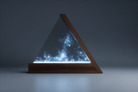 An Empty Walnut Triangular Display Illuminated With Tachyon Particles Brown Wood Geometric Showcase