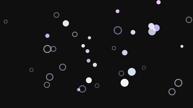Abstract dark background with scattered glowing circles and dots in various shades of purple, blue, and white