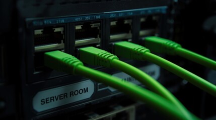 Green network cables connected to server room data panel, ideal for technology, networking, communication, data management, it concepts.
