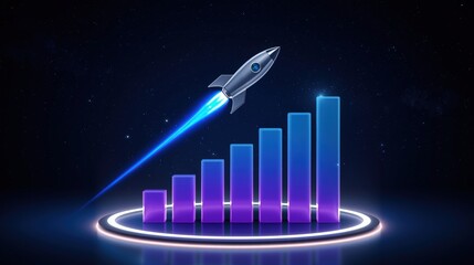 Rocket launching from neon platform over success chart bars, ideal for futuristic business concepts, startup presentations, and innovationthemed designs.